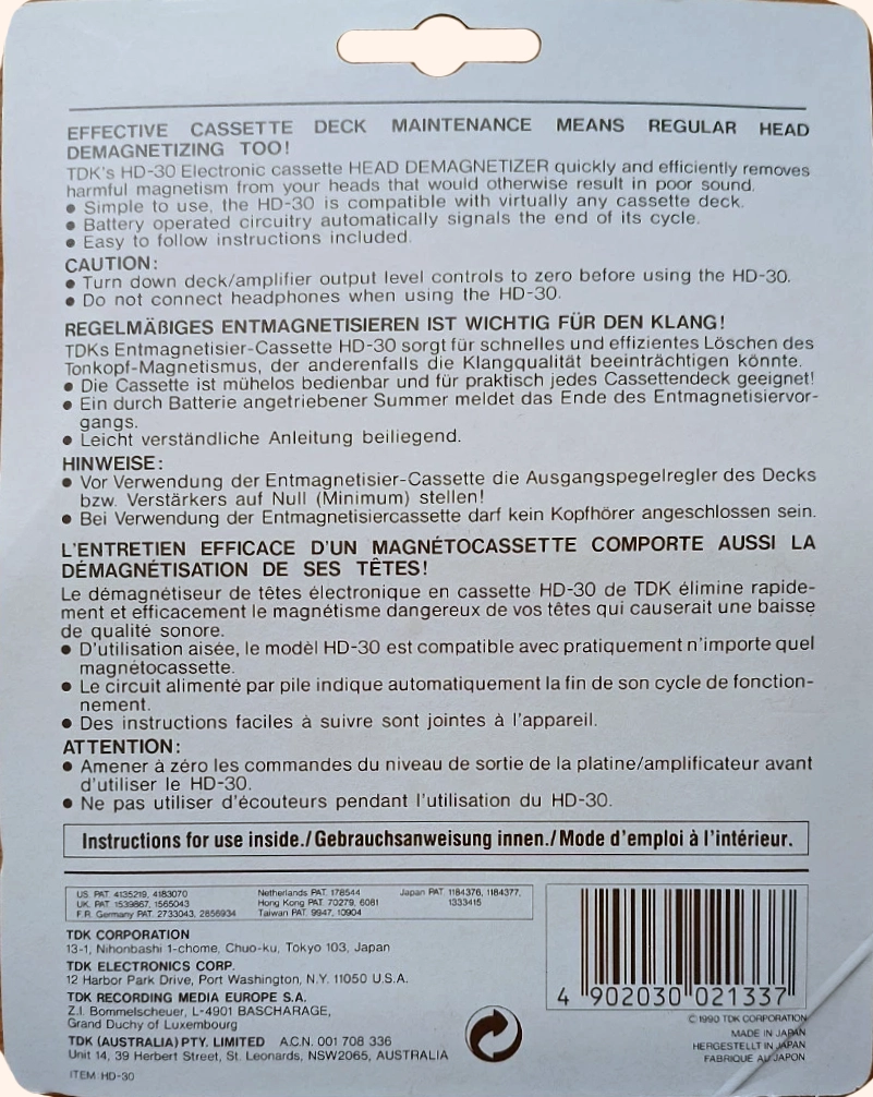 Blister TDK "HD-30" Head Demagnetiser 1990 Europe