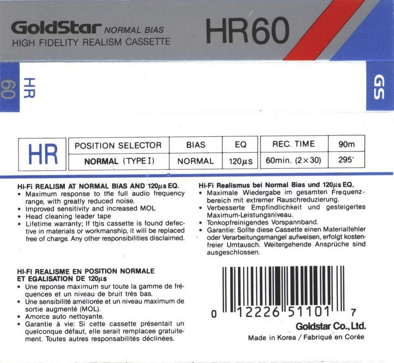 Compact Cassette Goldstar HR 60 Type I Normal 1987 North America