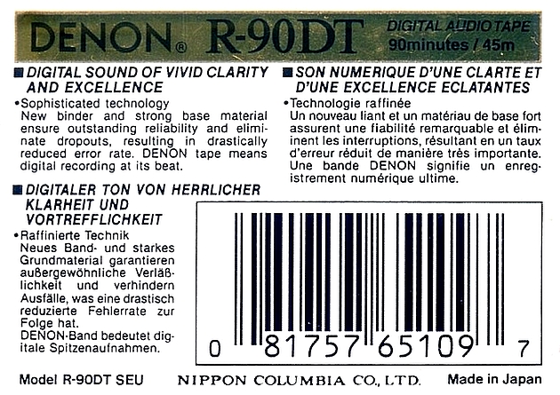 Digital Audio Tape Denon 90 "R-90DT SEU" Type IV Metal 1991 North America