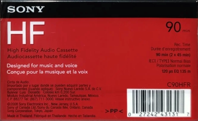 Compact Cassette Sony HF 90 "C90HFR" Type I Normal 2008 North America