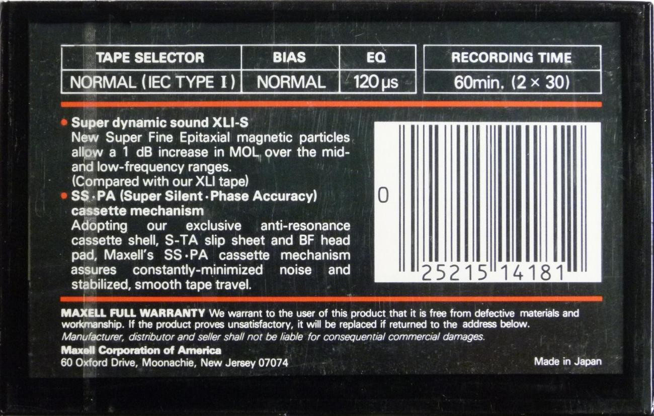 Compact Cassette Maxell XLI-S 60 Type I Normal 1986 USA