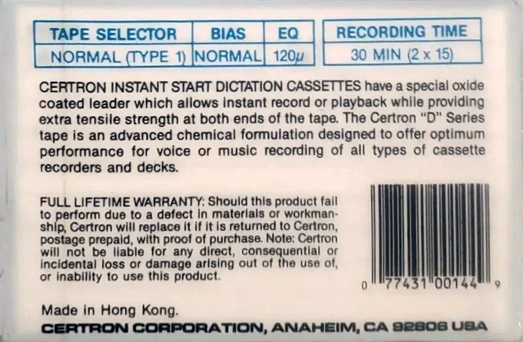 Compact Cassette Certron D / Dictation 30 Type I Normal 1989 USA