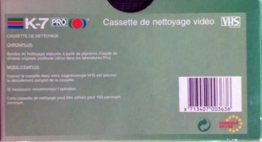 VHS, Video Home System K-7 "PRO" Cleaning Cassette 1990 France