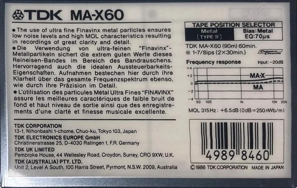 Compact Cassette TDK MA-X 60 Type IV Metal 1986 Australia, Europe