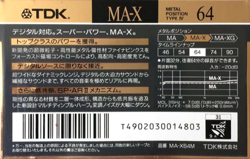 Compact Cassette TDK MA-X 64 "MA-X64M" Type IV Metal 1990 Japan