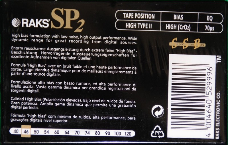 Compact Cassette RAKS SP 2 46 Type II Chrome 1998 Europe