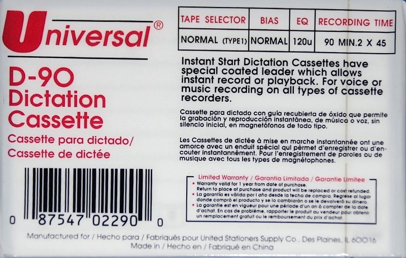 Compact Cassette Universal 90 "O229O" Dictating Cassette 1994 USA