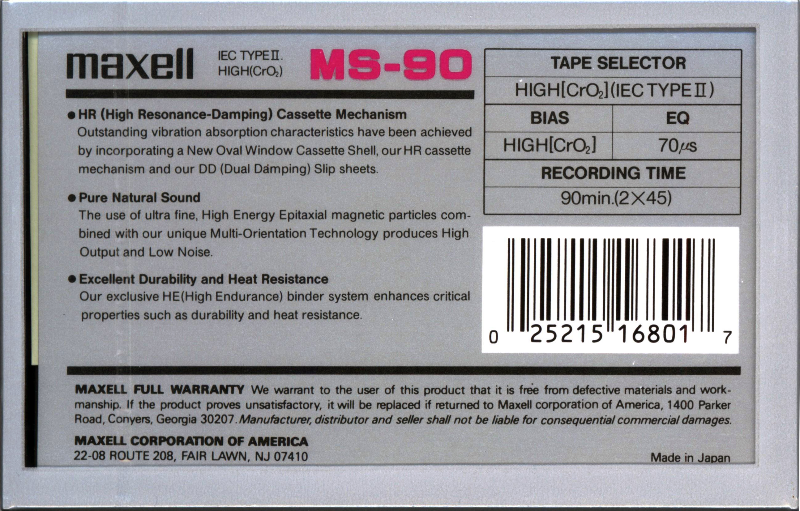 Compact Cassette Maxell MS 90 "Studio Tape" Type II Chrome 1993 USA