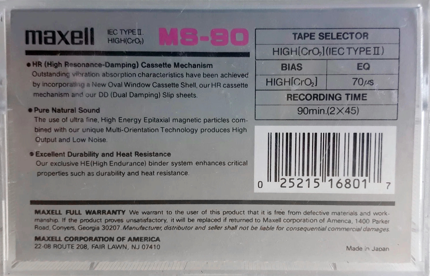 Compact Cassette Maxell MS 90 "Studio Tape" Type II Chrome 1993 USA