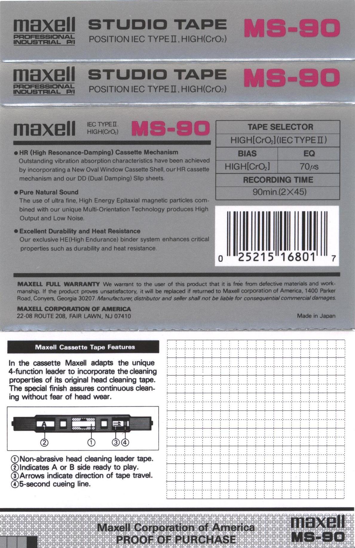 Compact Cassette Maxell MS 90 "Studio Tape" Type II Chrome 1993 USA