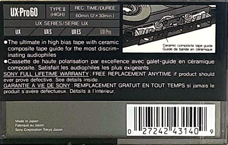 Compact Cassette Sony UX-Pro 60 Type II Chrome 1990 North America
