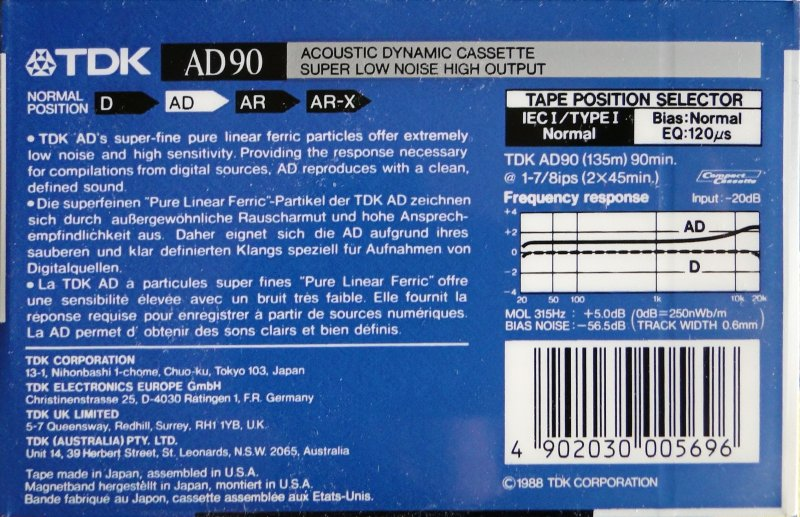 Compact Cassette TDK AD 90 Type I Normal 1988 Australia, Europe