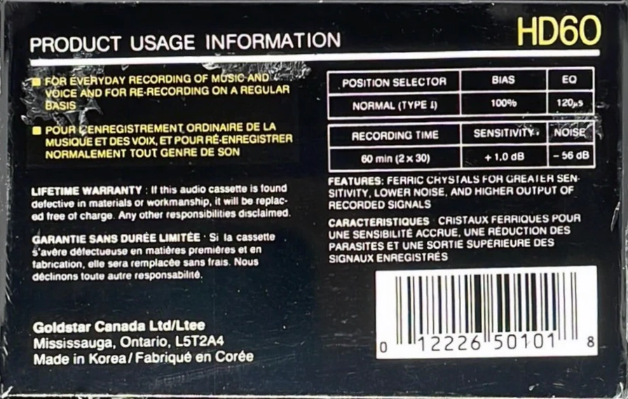 Compact Cassette Goldstar HD 60 Type I Normal 1990 Canada