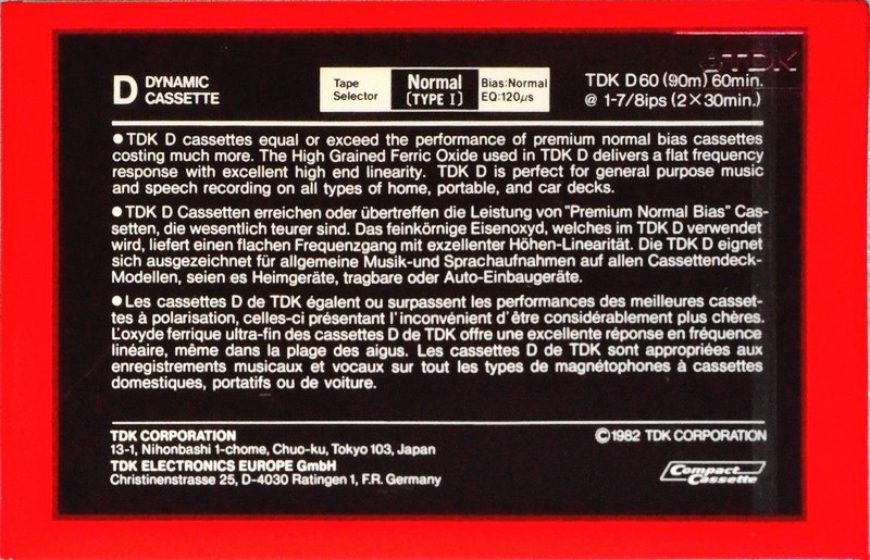 Compact Cassette TDK D 60 Type I Normal 1982 Europe