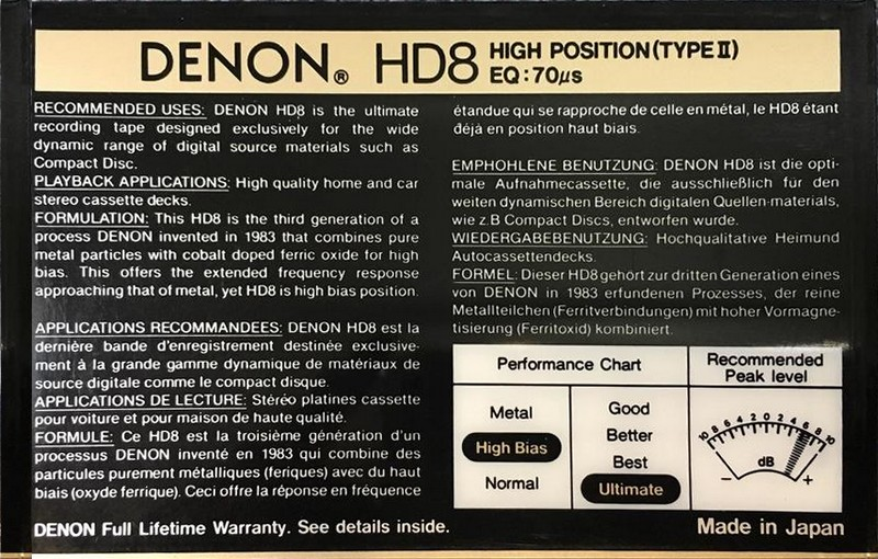 Compact Cassette Denon HD8 100 Type II Chrome 1988 USA