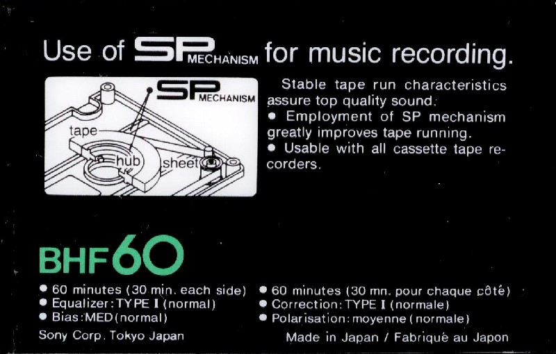 Compact Cassette Sony BHF 60 Type I Normal 1978 North America