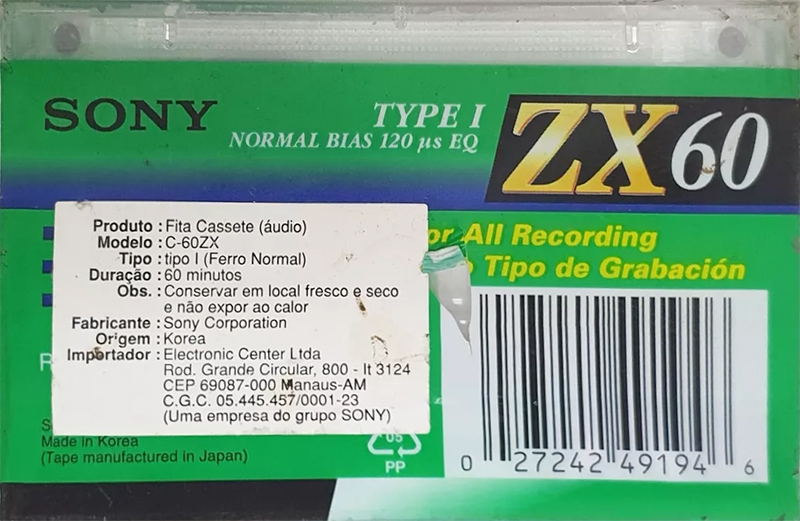 Compact Cassette Sony ZX 60 Type I Normal 1992 North America