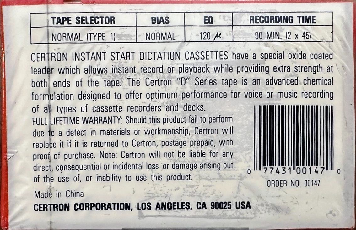 Compact Cassette Certron D / Dictation 90 Type I Normal 1992 USA