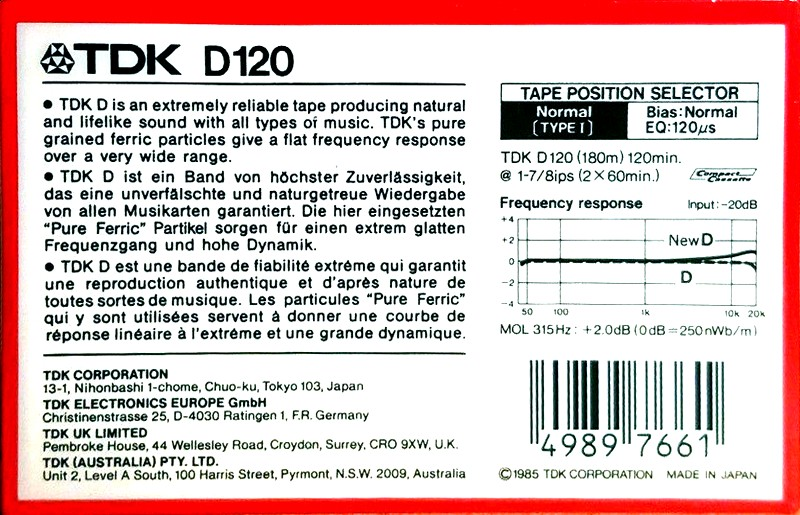 Compact Cassette TDK D 120 Type I Normal 1985 Australia, Europe