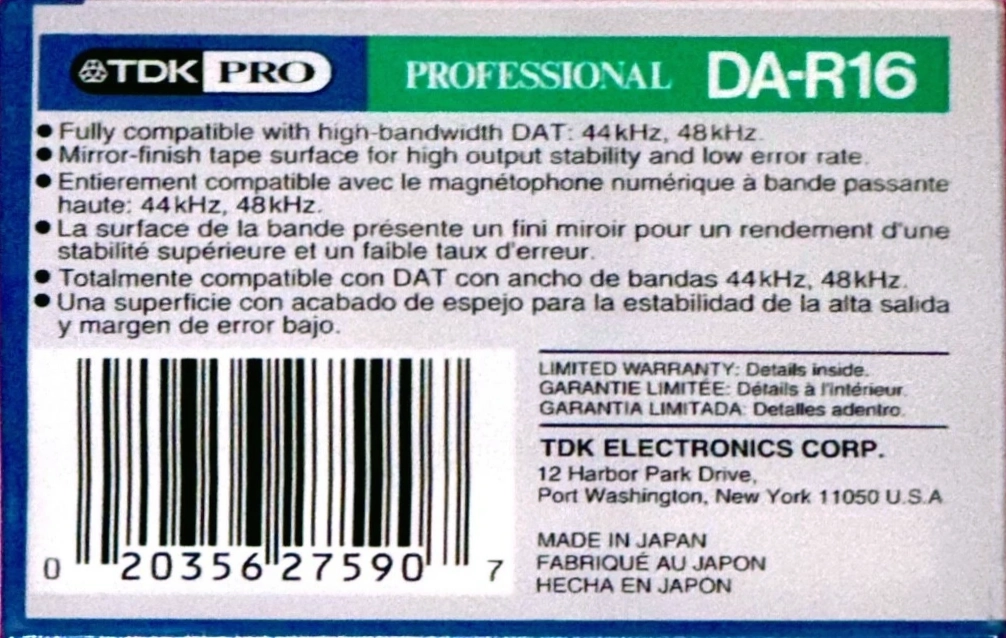 Digital Audio Tape TDK 16 "DA-RPRO16AX" Type IV Metal 1996 North America