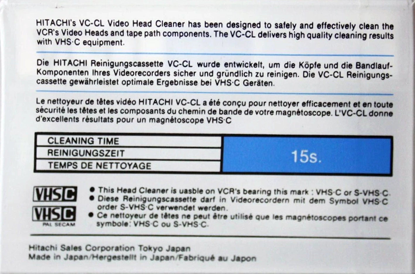 VHS-C (VHS Compact) Hitachi "VC-CL" Cleaning Cassette Europe