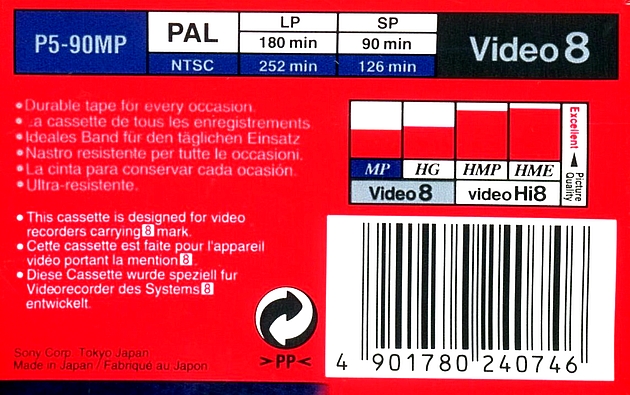 Video8, Hi8, Digital8 Sony MP 90 "P5-90MP" Type I Normal 1998 Europe