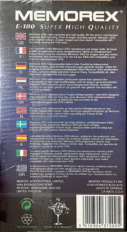 VHS, Video Home System Memorex Super High Quality 180 Type I Normal Europe