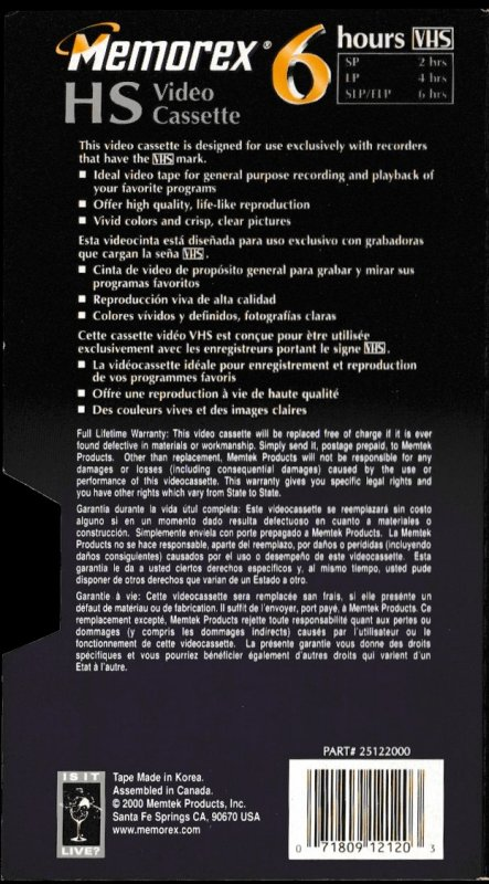 VHS, Video Home System Memorex HS 120 Type I Normal 1997 North America