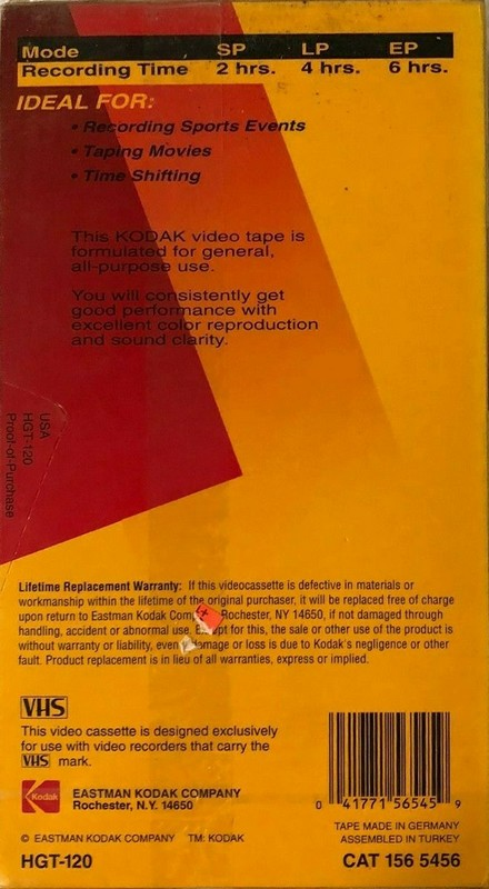 VHS, Video Home System Kodak HG 120 "HGT-120" Type I Normal USA