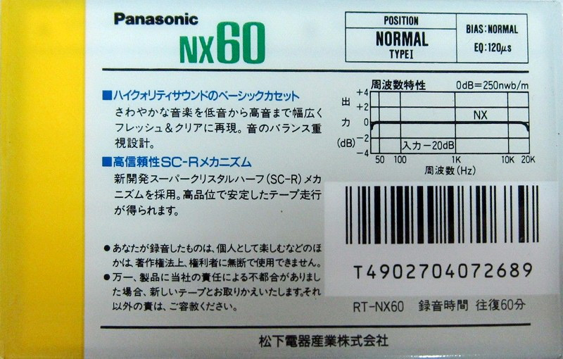 Compact Cassette Panasonic NX 60 "RT-NX60" Type I Normal 1989 Japan