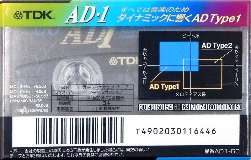 Compact Cassette TDK AD1 60 "AD1-60" Type I Normal 1995 Japan