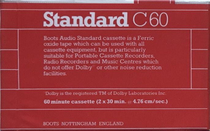 Compact Cassette Boots / Boots Audio 60 "Standard" Type I Normal UK