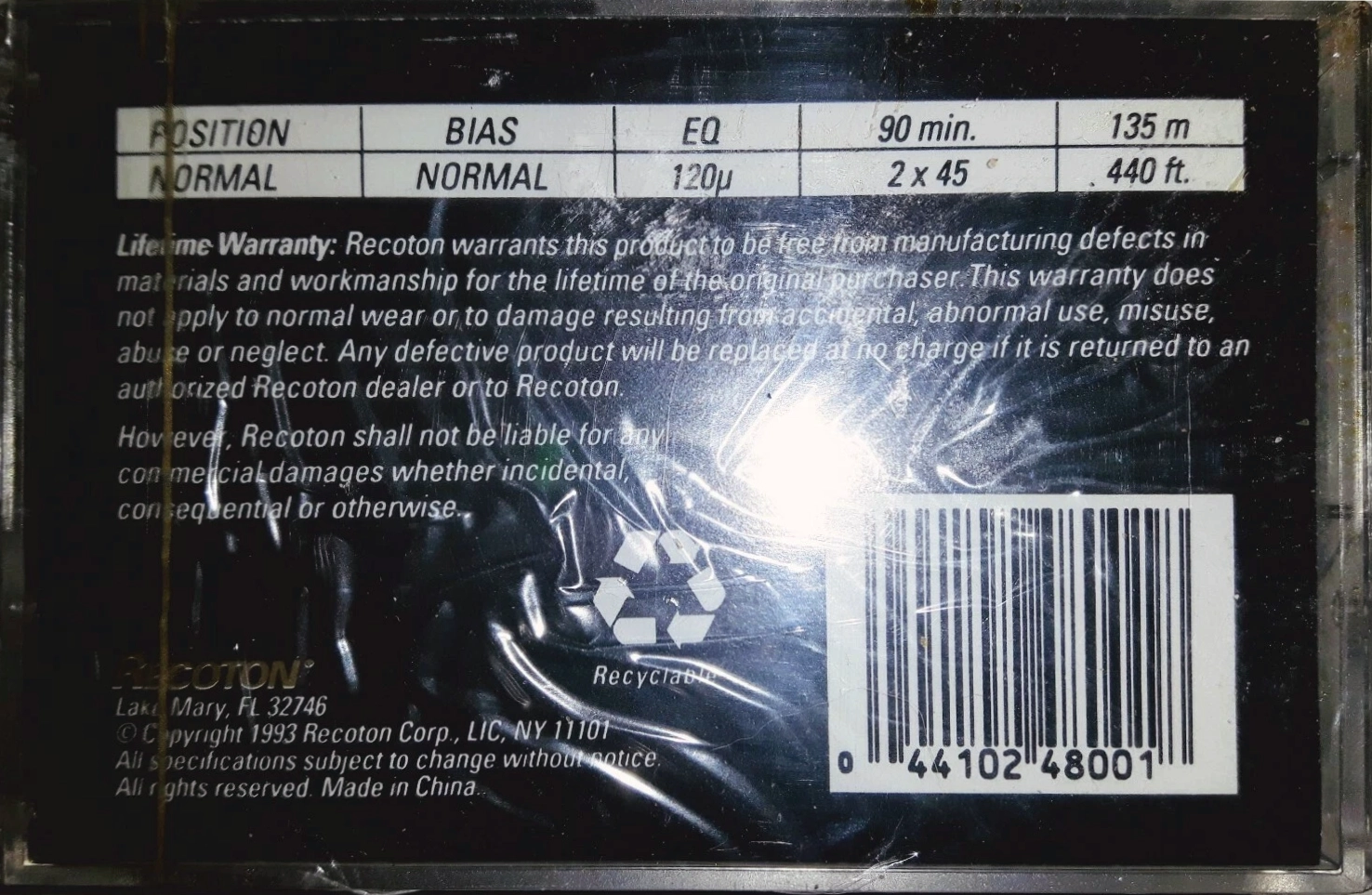 Compact Cassette Recoton XR 90 Type I Normal 1993 USA