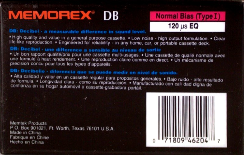 Compact Cassette Memorex DB 90 Type I Normal 1995 Canada, USA