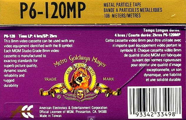Video8, Hi8, Digital8 Metro Goldwyn Mayer 120 Type IV Metal USA