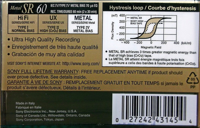Compact Cassette Sony Metal SR 60 Type IV Metal 1996 North America