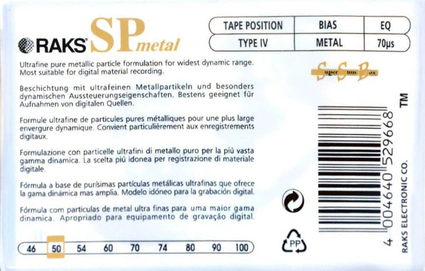 Compact Cassette RAKS SP 50 "SP Metal" Type IV Metal 1996 Europe