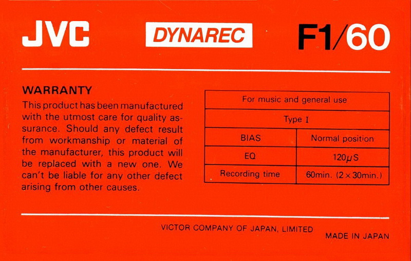 Compact Cassette JVC Dynarec F1 60 Type I Normal 1983 Worldwide