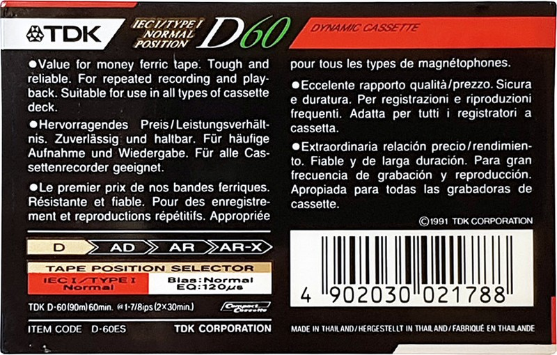 Compact Cassette TDK D 60 "D-60ES" Type I Normal 1991 Worldwide