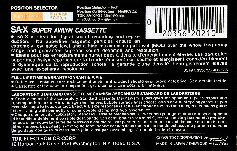 Compact Cassette TDK SA-X 90 Type II Chrome 1985 North America