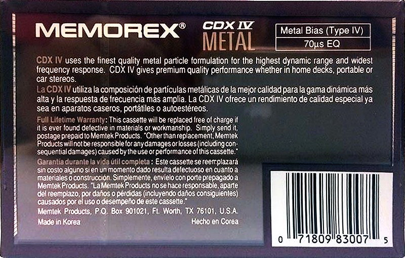 Compact Cassette Memorex CDX IV 110 Type IV Metal 1989 Canada, USA