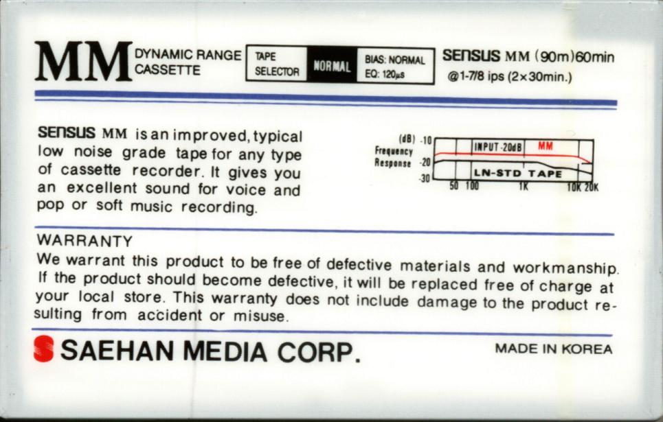 Compact Cassette Sensus MM 60 "Super HQ" Type I Normal 1993 South Korea