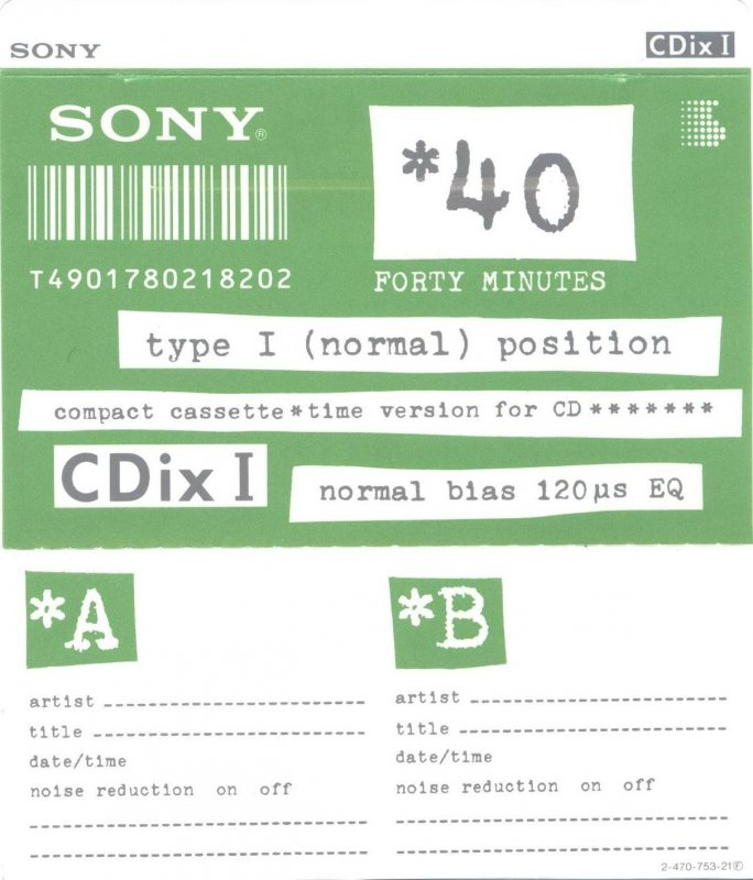Compact Cassette Sony CDix I 40 "C-40CDX1a" Type I Normal 1992 Japan