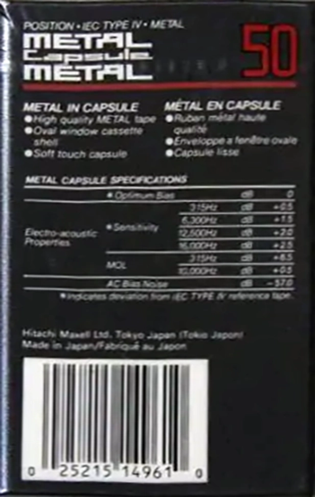 Compact Cassette Maxell Capsule Metal 50 Type IV Metal 1990 North America