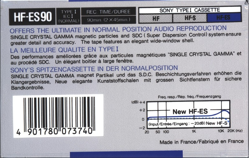 Compact Cassette Sony HF-ES 90 "HF-ES 90A" Type I Normal 1988 Europe