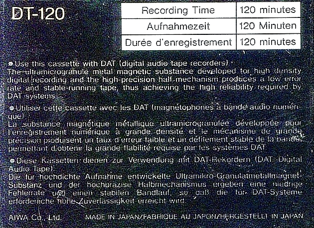 Digital Audio Tape Aiwa 120 "DT" Type IV Metal 1987 Europe