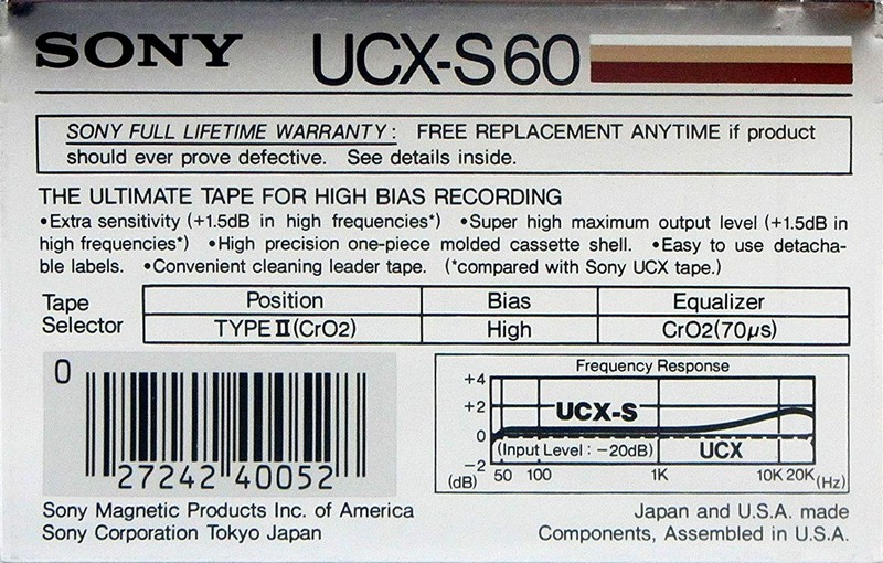 Compact Cassette Sony UCX-S 60 Type II Chrome 1985 USA