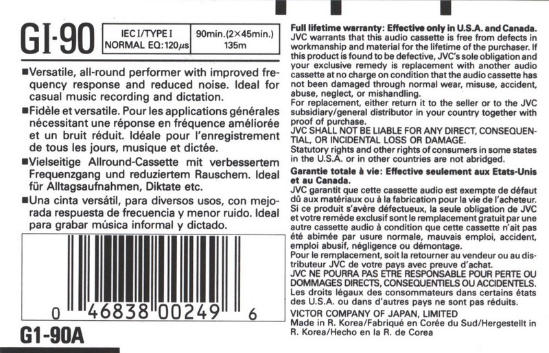 Compact Cassette JVC GI 90 "G1-90A" Type I Normal 1990 North America