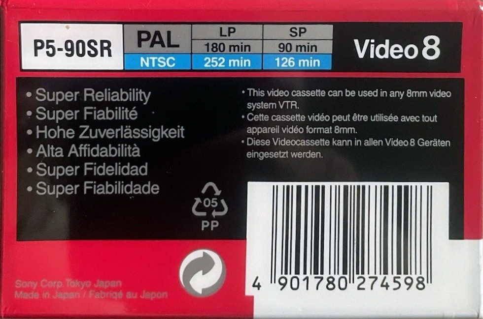 Video8, Hi8, Digital8 Sony SR 90 "P5-90SRA" Type I Normal 1993 Europe