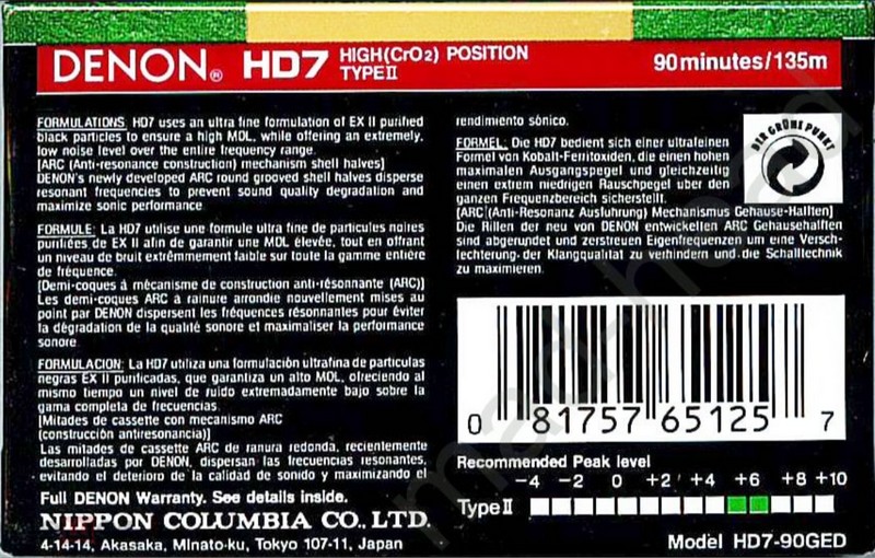 Compact Cassette Denon HD7 90 "HD7-90GED" Type II Chrome 1994 North America